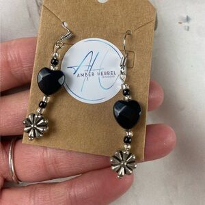 Black Obsidian Heart & Silver Floral Drop Earrings